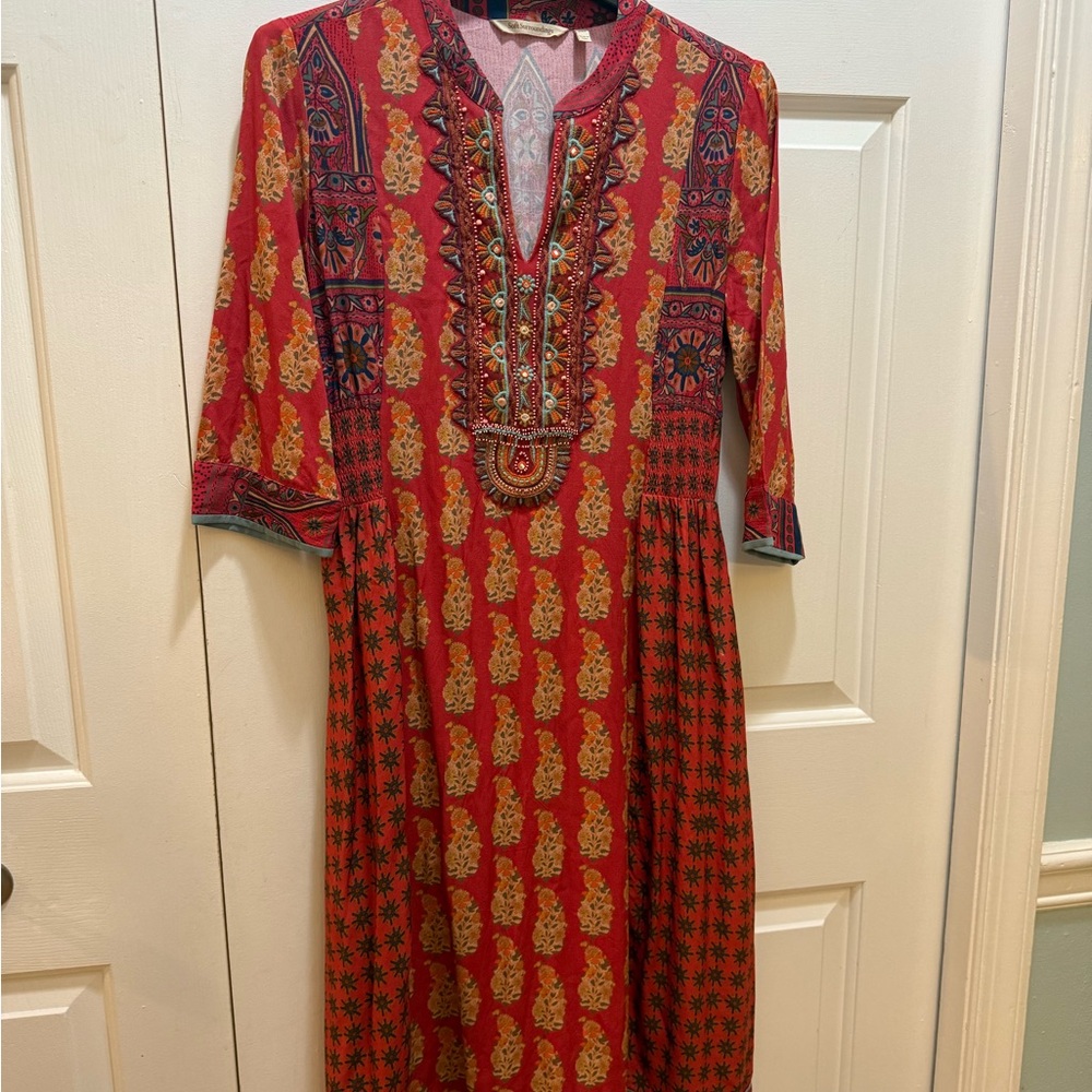 Soft Surroundings Red and Gold Long Sleeve Dress PXS Thanksgiving perfect. - Picture 5 of 15